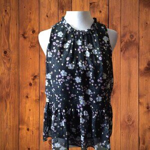 LOFT Size MP Medium Petite Black Sleeveless Floral Ruffle Accent Keyhole Blouse